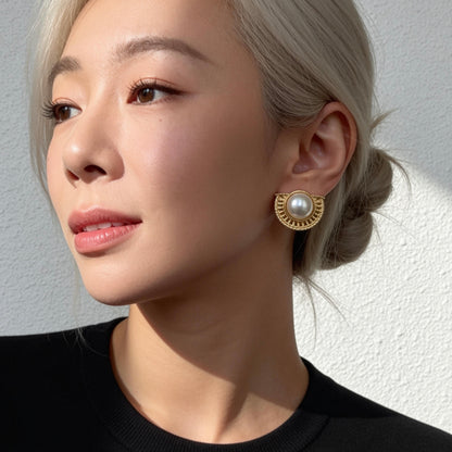 Vintage Gold Half-Moon Pearl Stud Earrings