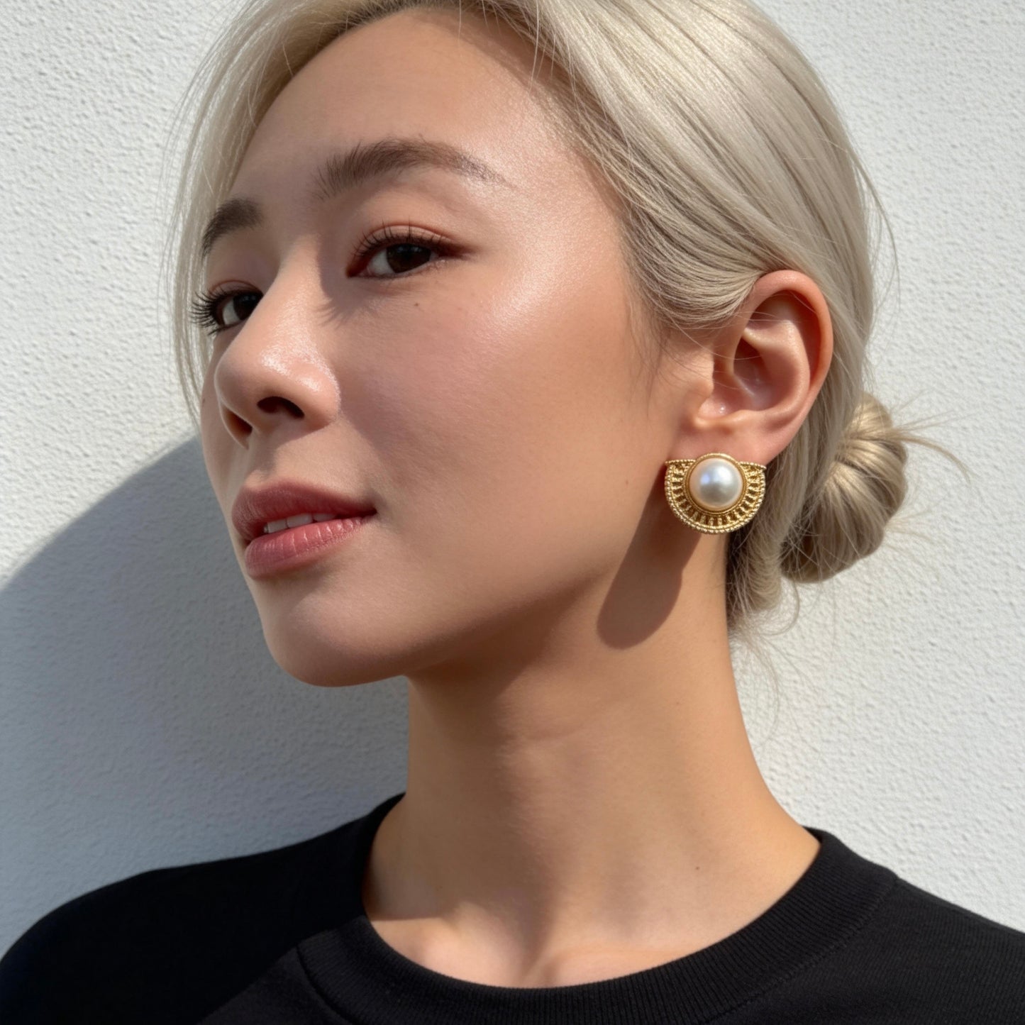 Vintage Gold Half-Moon Pearl Stud Earrings