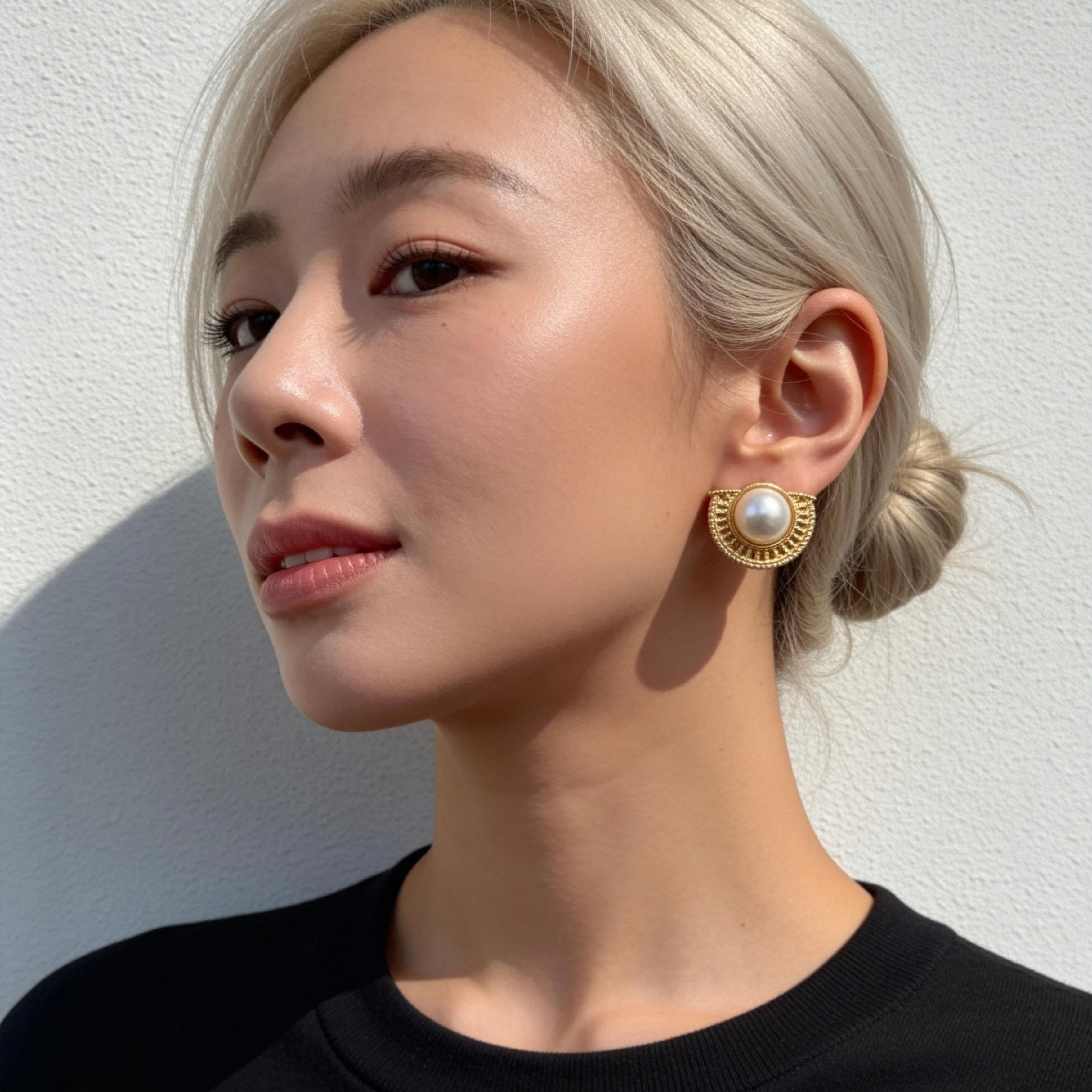 Vintage Gold Half-Moon Pearl Stud Earrings