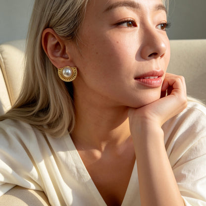 Vintage Gold Half-Moon Pearl Stud Earrings