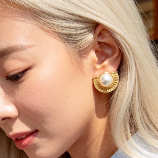 Vintage Gold Half-Moon Pearl Stud Earrings
