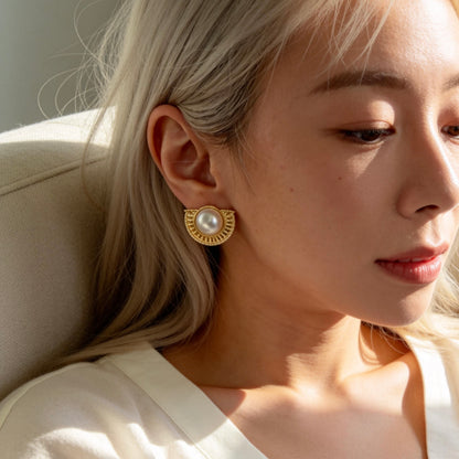 Vintage Gold Half-Moon Pearl Stud Earrings