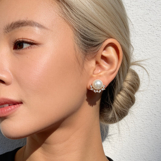 Pearl Stud Earrings with Crystal Halo