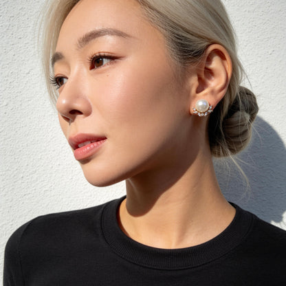 Pearl Stud Earrings with Crystal Halo