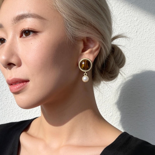 Vintage Tiger Eye & Pearl Drop Earrings