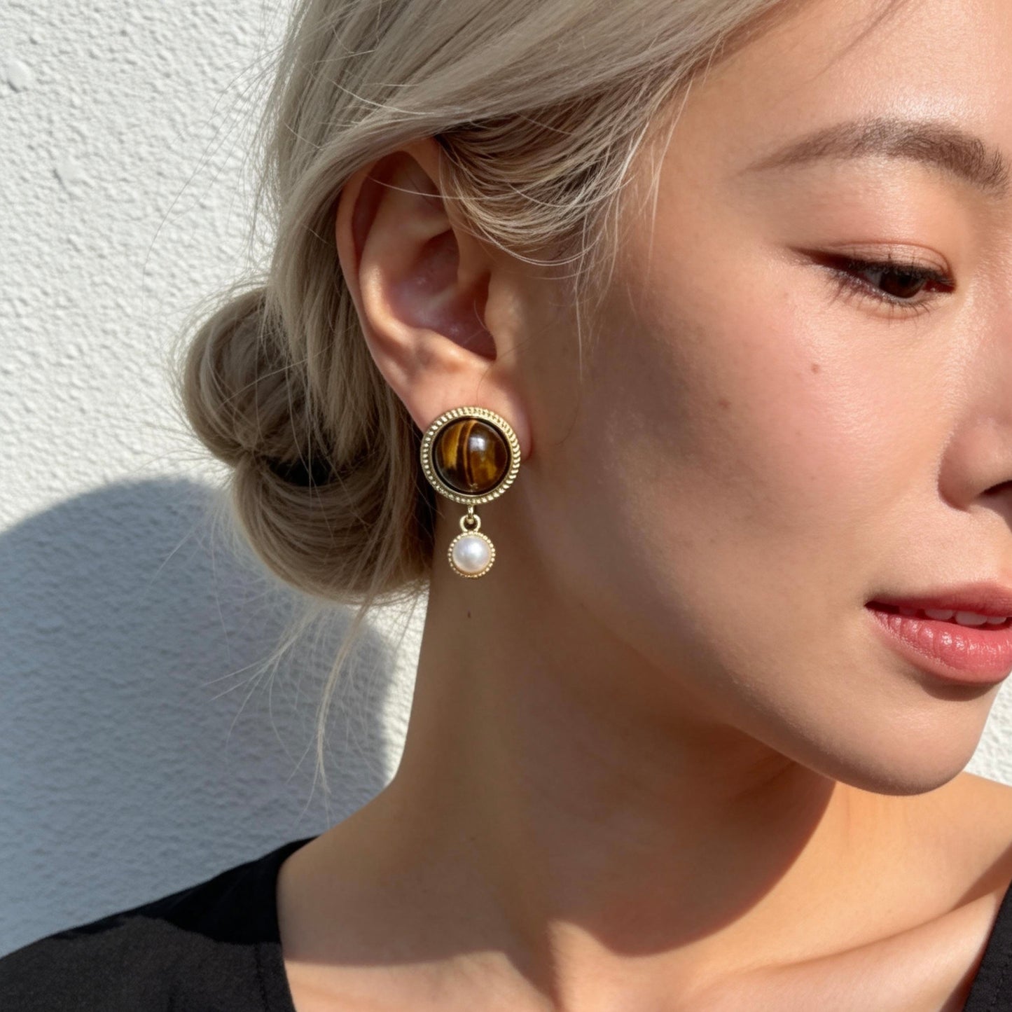 Vintage Tiger Eye & Pearl Drop Earrings