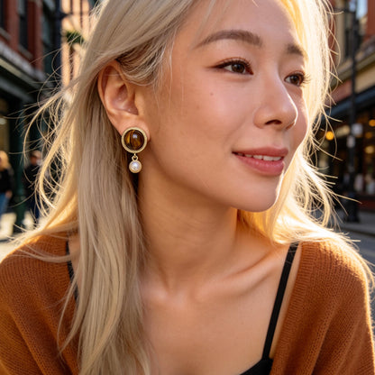 Vintage Tiger Eye & Pearl Drop Earrings
