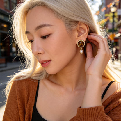 Vintage Tiger Eye & Pearl Drop Earrings