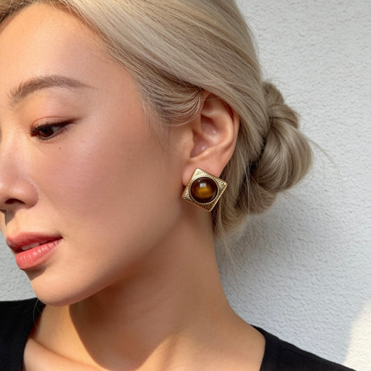 Square Tiger Eye Stud Earrings