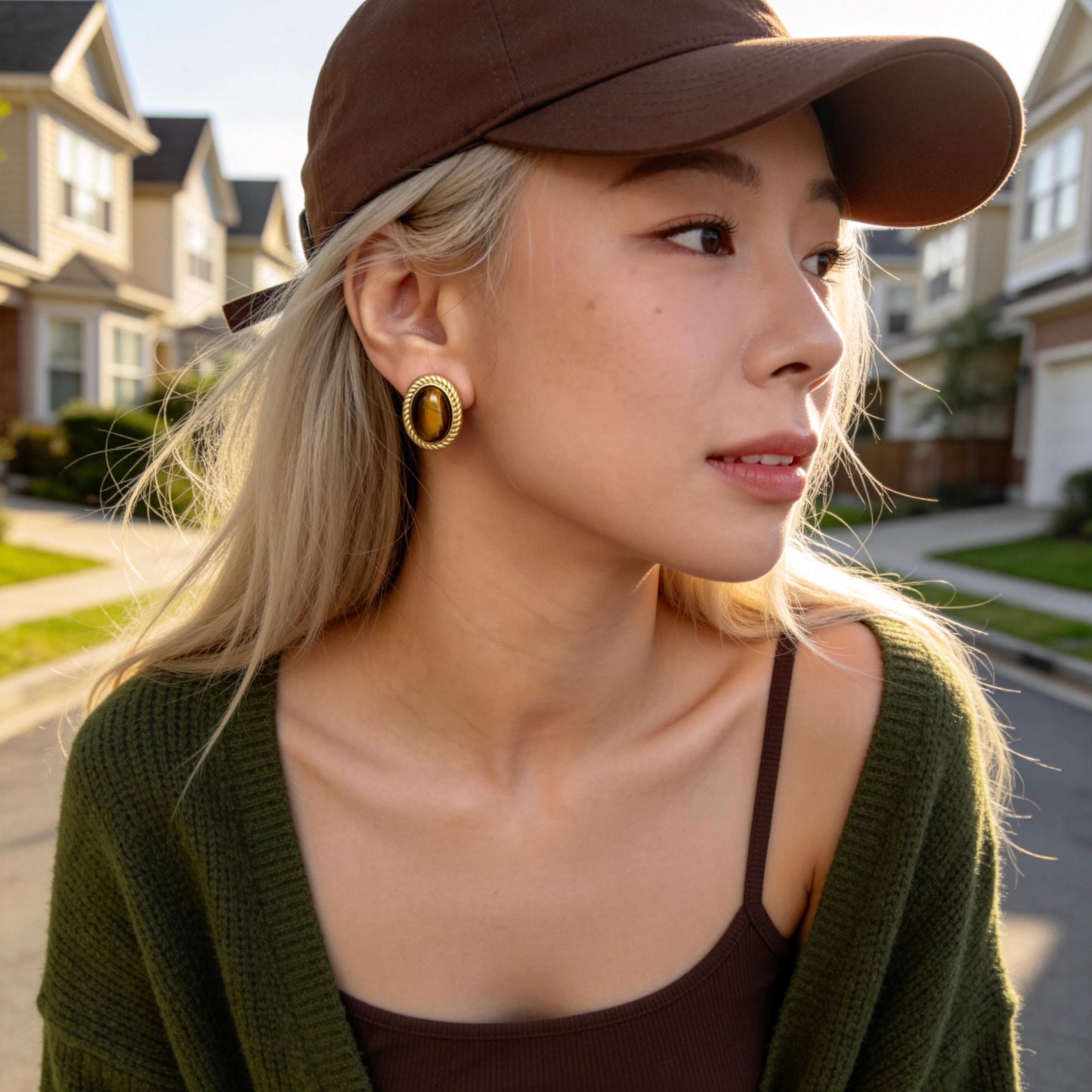 Vintage Oval Tiger Eye Stud Earrings