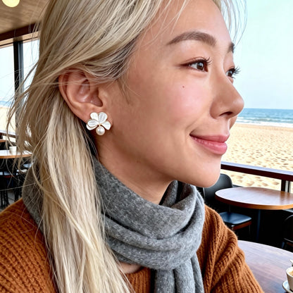 White Shell Petal Pearl Stud Earrings