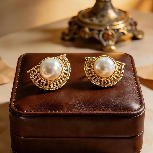 Vintage Gold Half-Moon Pearl Stud Earrings