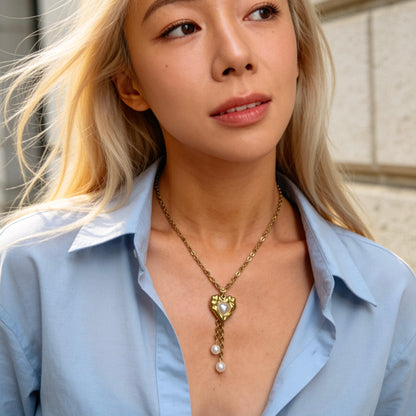 Gold Heart Pearl Pendant Necklace