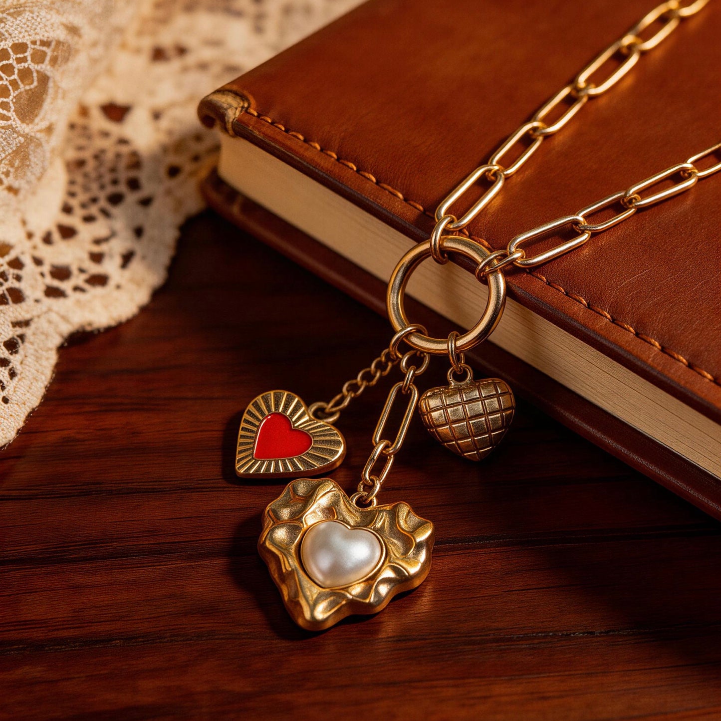 Gold Multi Heart Charm Necklace