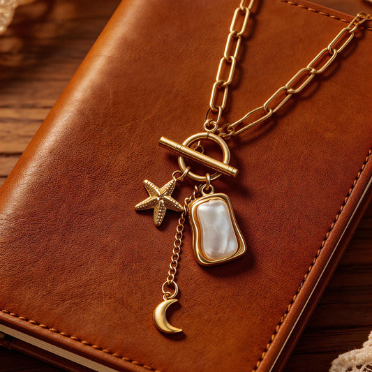 Gold Ocean Charm Pearl Necklace
