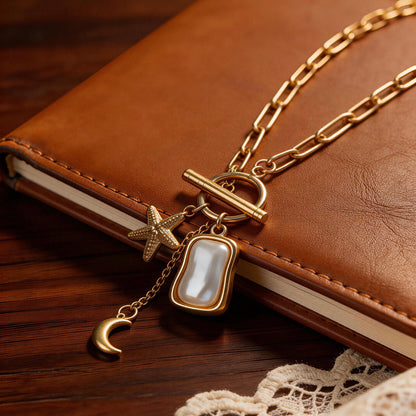 Gold Ocean Charm Pearl Necklace