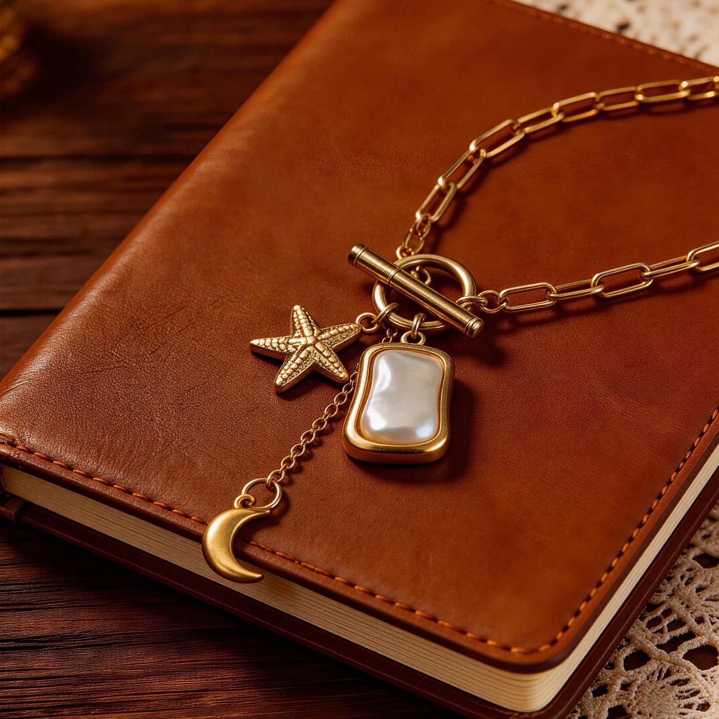 Gold Ocean Charm Pearl Necklace