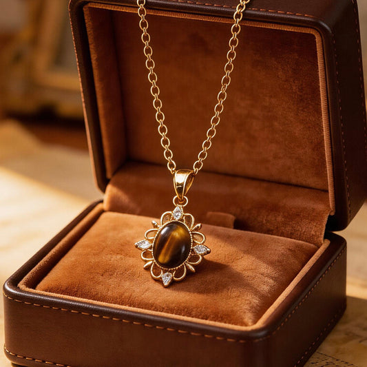 Vintage Floral Tiger Eye Pendant Necklace