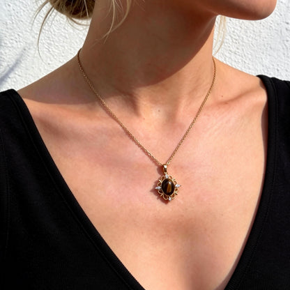 Vintage Floral Tiger Eye Pendant Necklace
