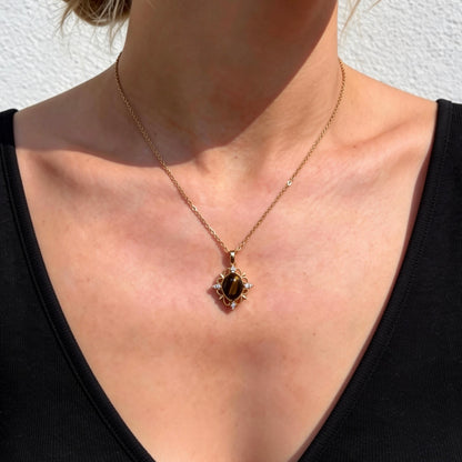 Vintage Floral Tiger Eye Pendant Necklace