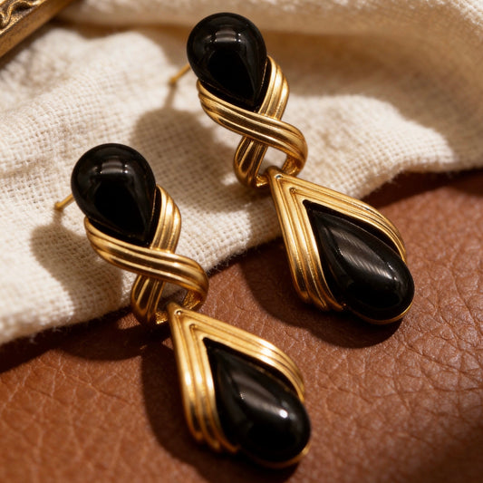 Black Onyx Teardrop Gold Drop Earrings