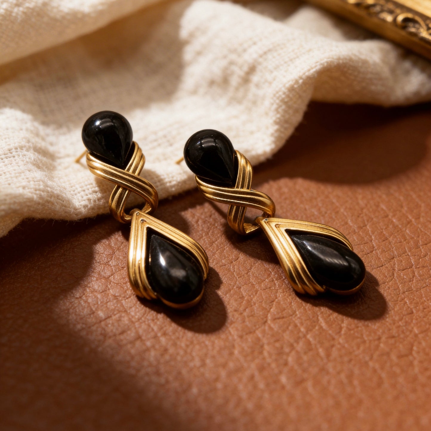 Black Onyx Teardrop Gold Drop Earrings