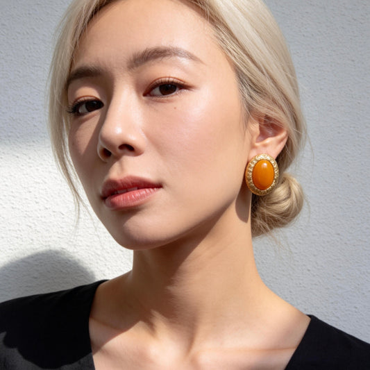 Vintage Orange Stone Oval Stud Earrings