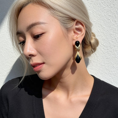 Black Onyx Teardrop Gold Drop Earrings