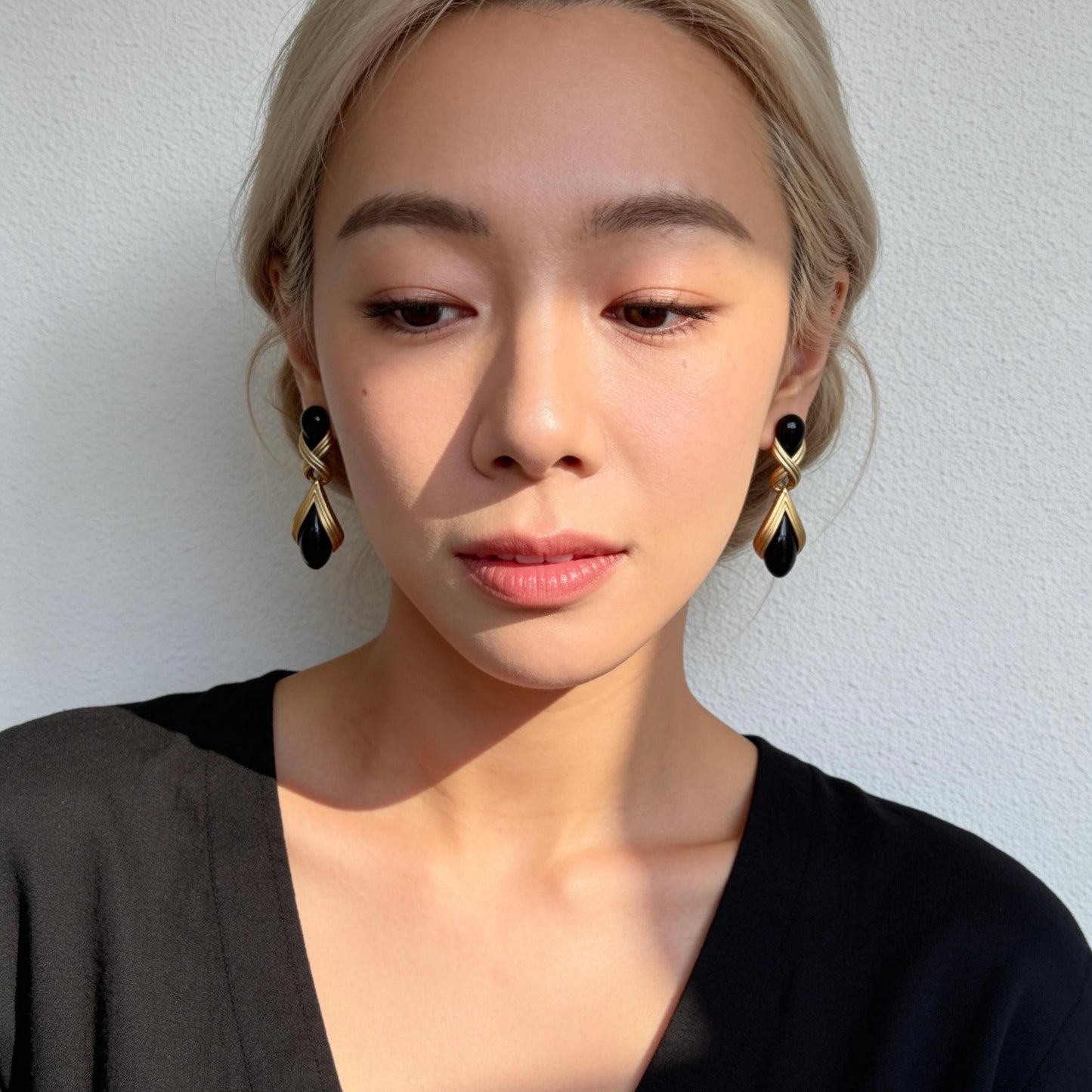 Black Onyx Teardrop Gold Drop Earrings