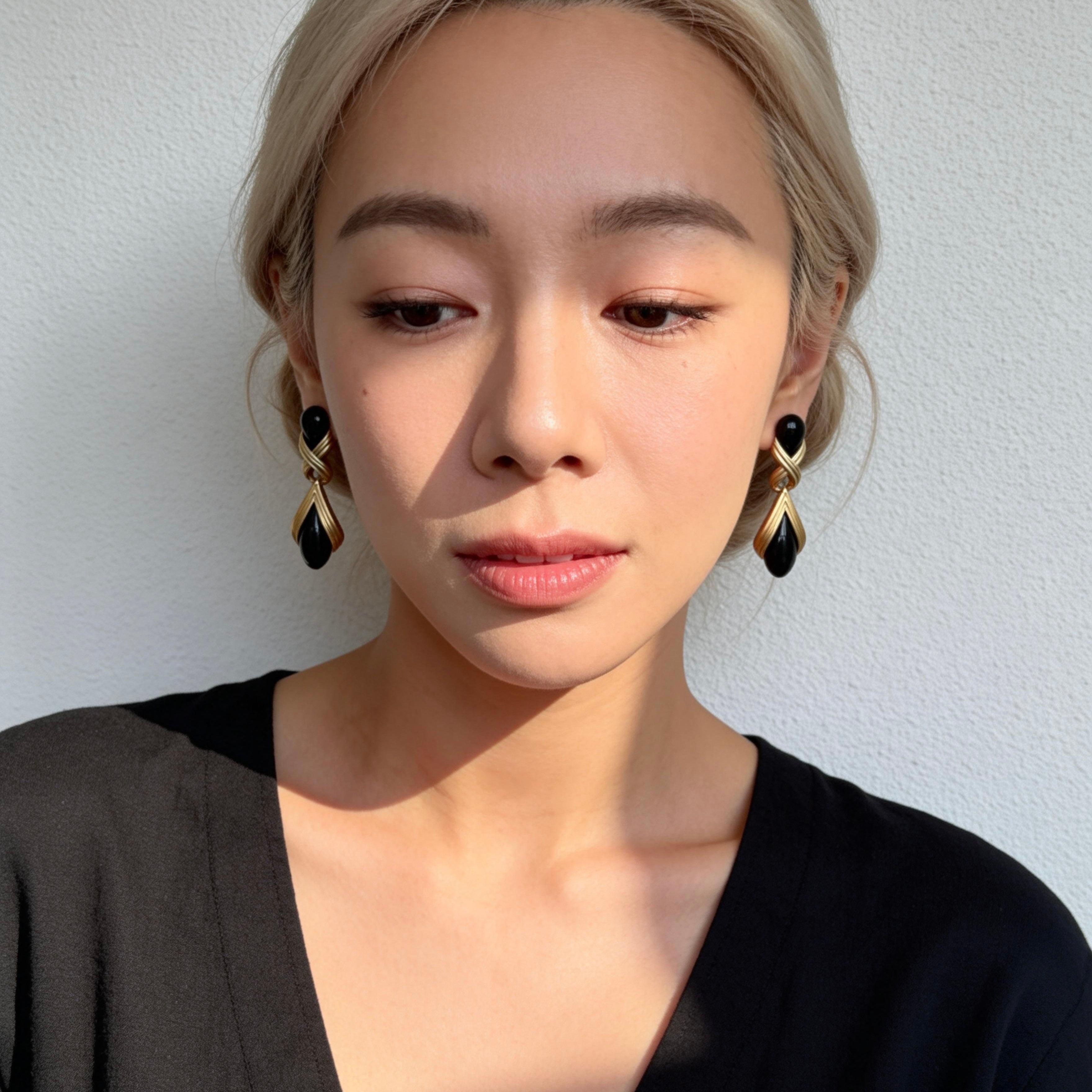 Black Onyx Teardrop Gold Drop Earrings