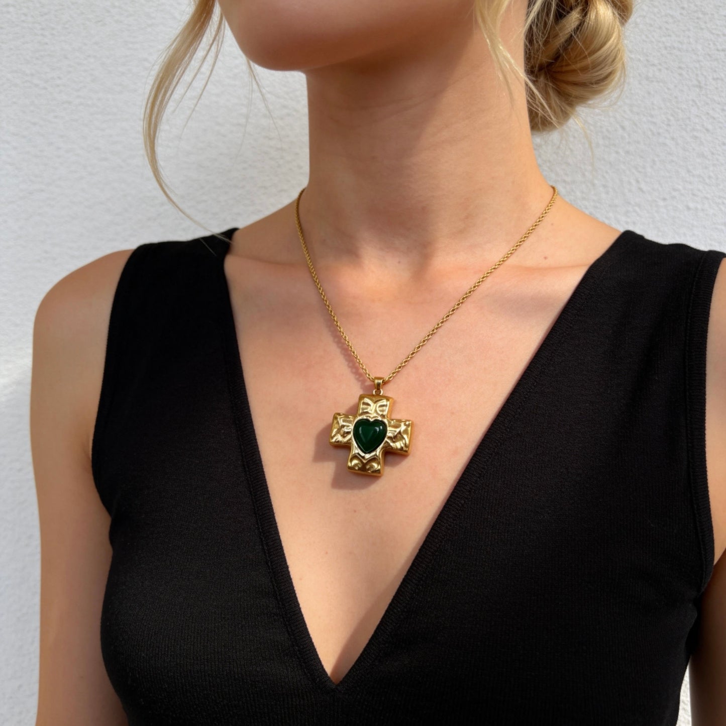 Green Heart Cross Pendant Necklace