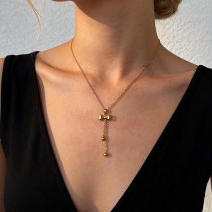 Gold Bow Tassel Pendant Necklace