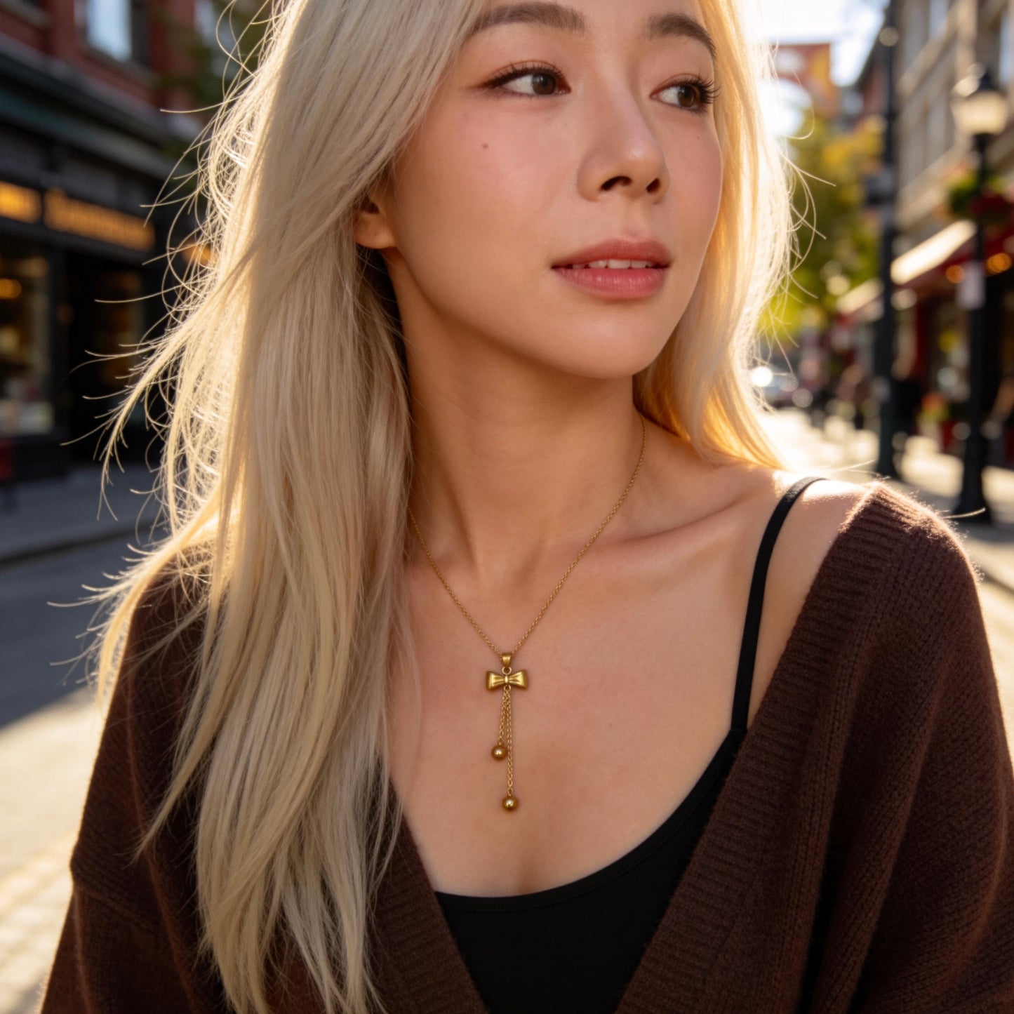 Gold Bow Tassel Pendant Necklace