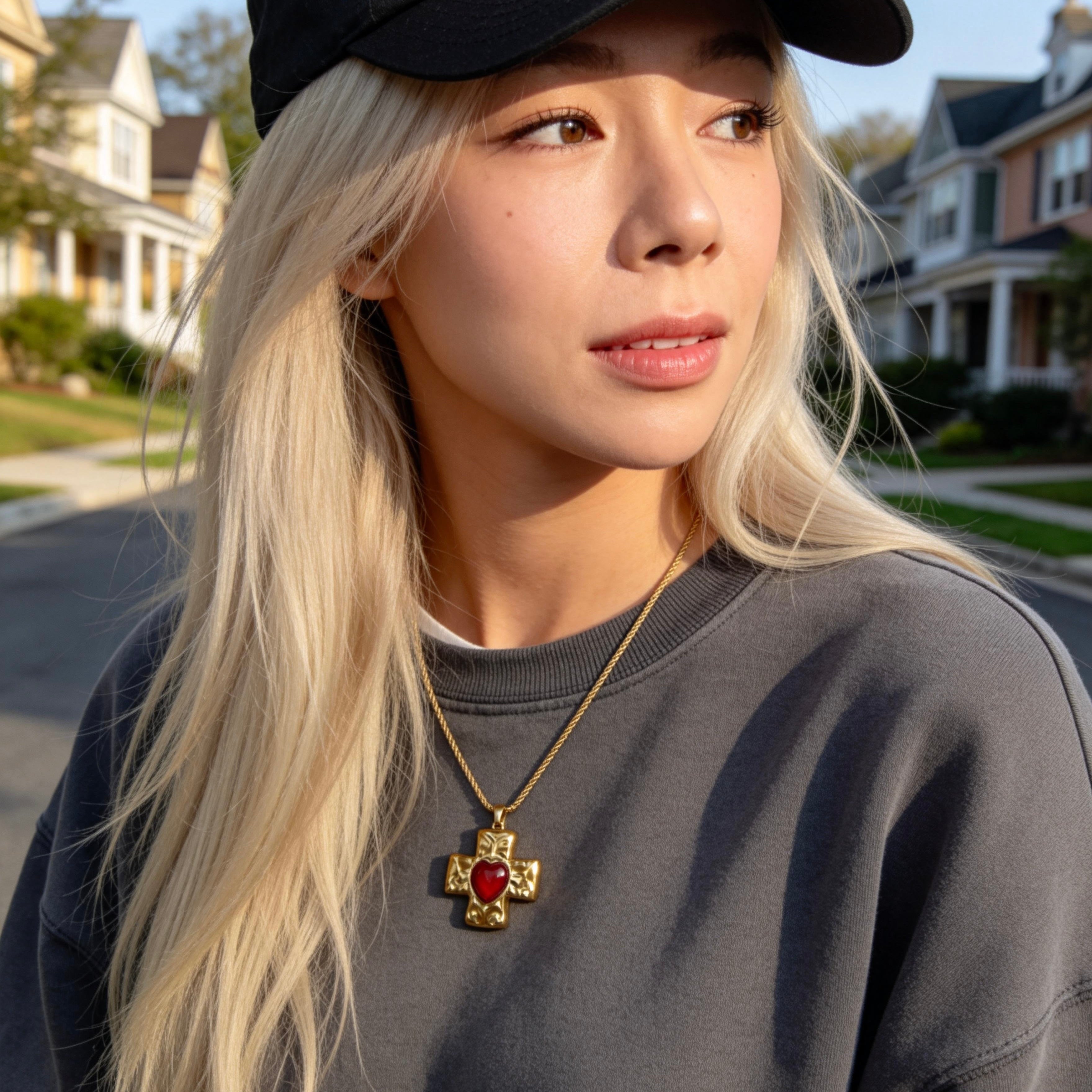 Red Heart Cross Pendant Necklace