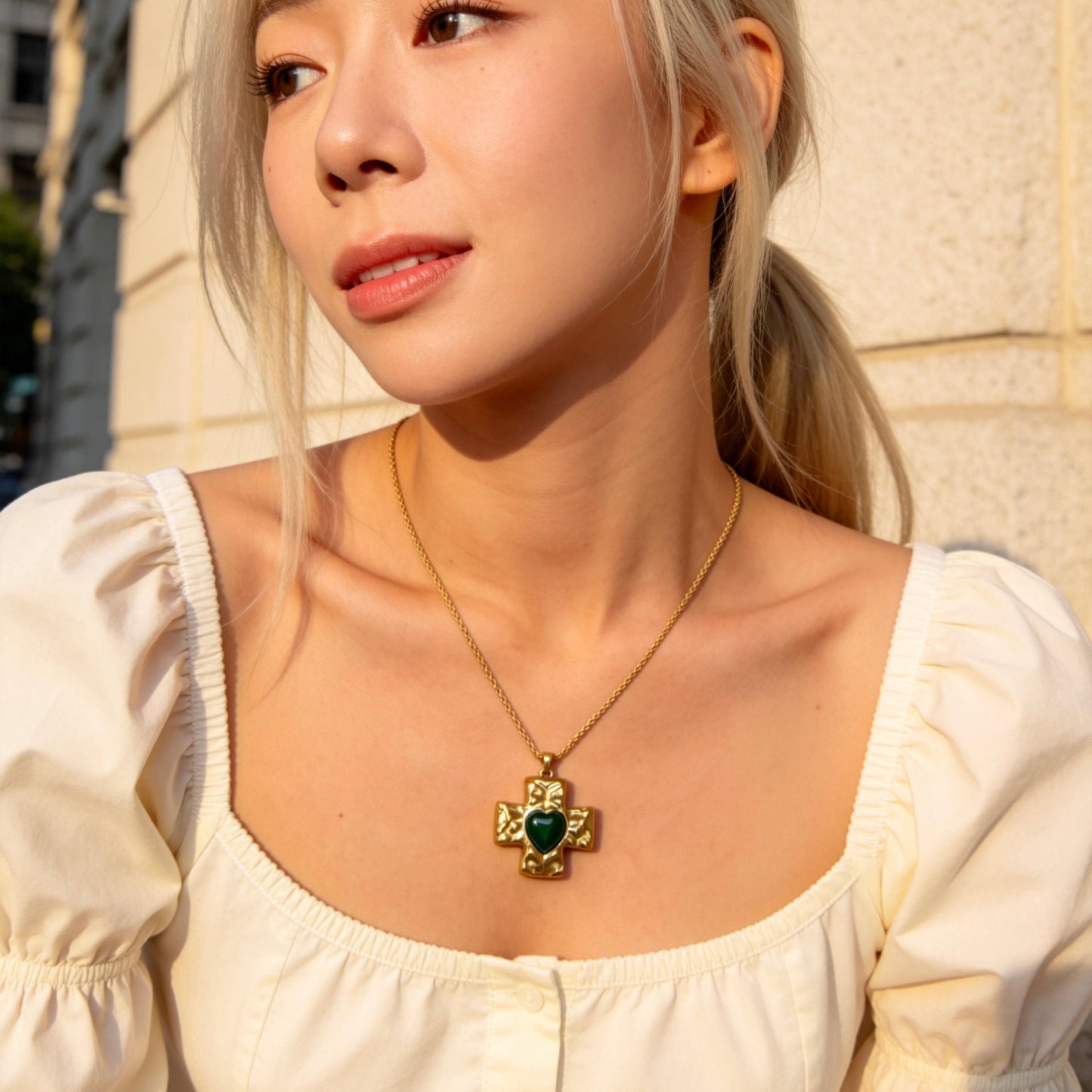 Green Heart Cross Pendant Necklace