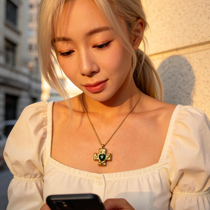 Green Heart Cross Pendant Necklace