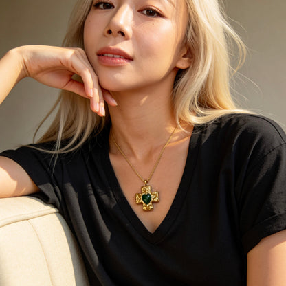 Green Heart Cross Pendant Necklace