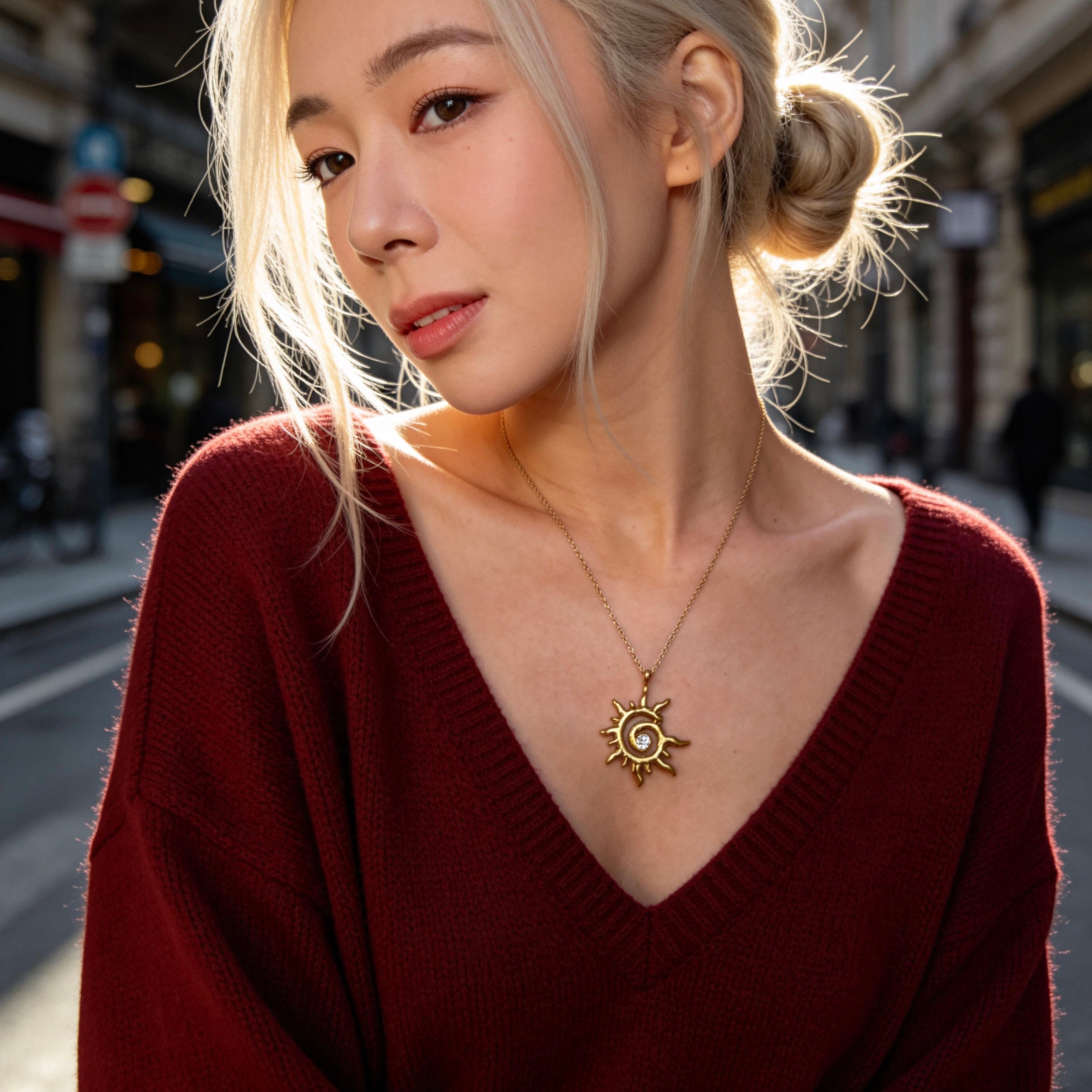 Gold Sun Spiral Pendant Necklace