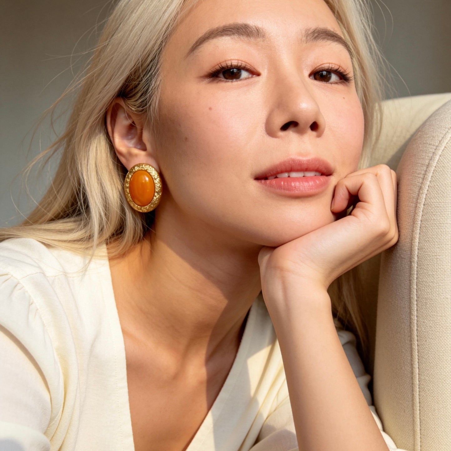 Vintage Orange Stone Oval Stud Earrings