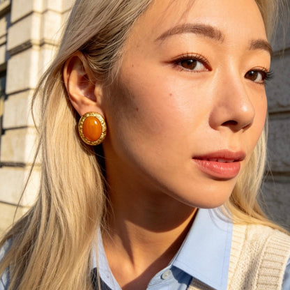 Vintage Orange Stone Oval Stud Earrings