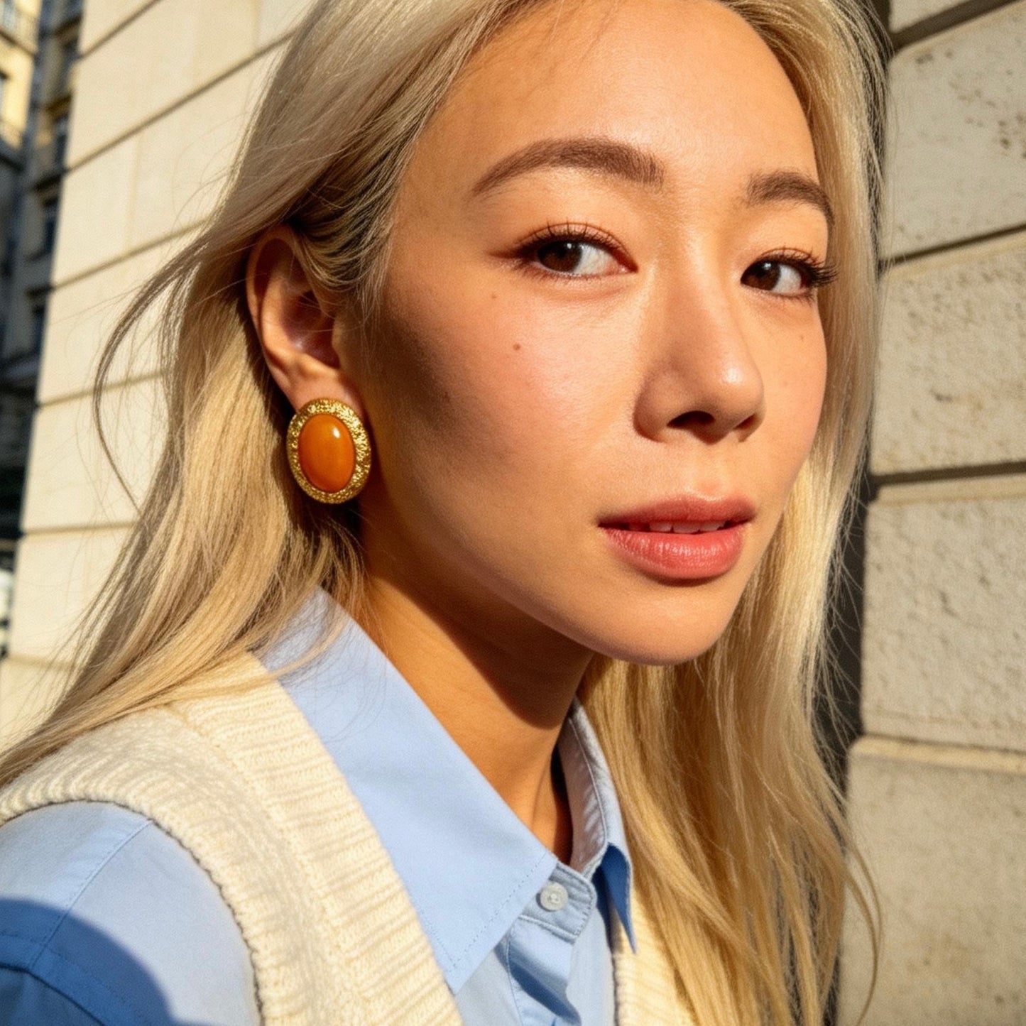 Vintage Orange Stone Oval Stud Earrings