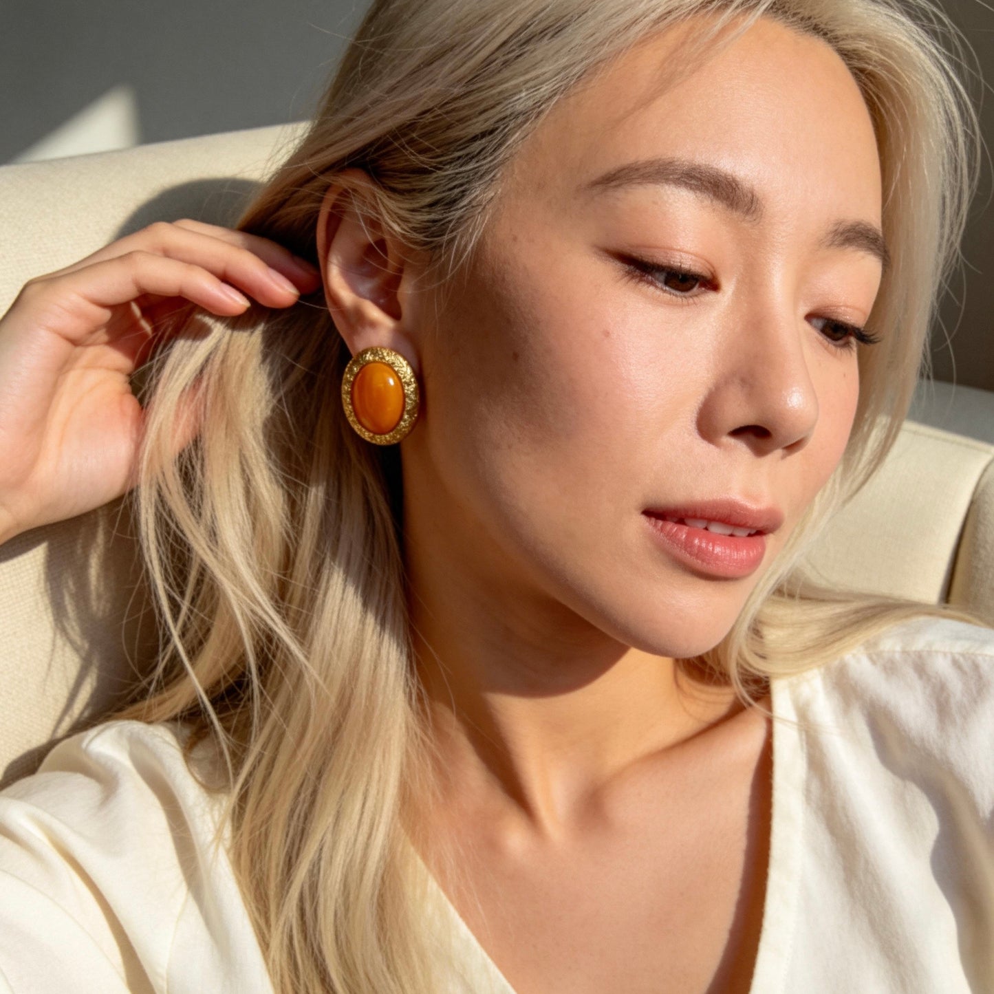 Vintage Orange Stone Oval Stud Earrings