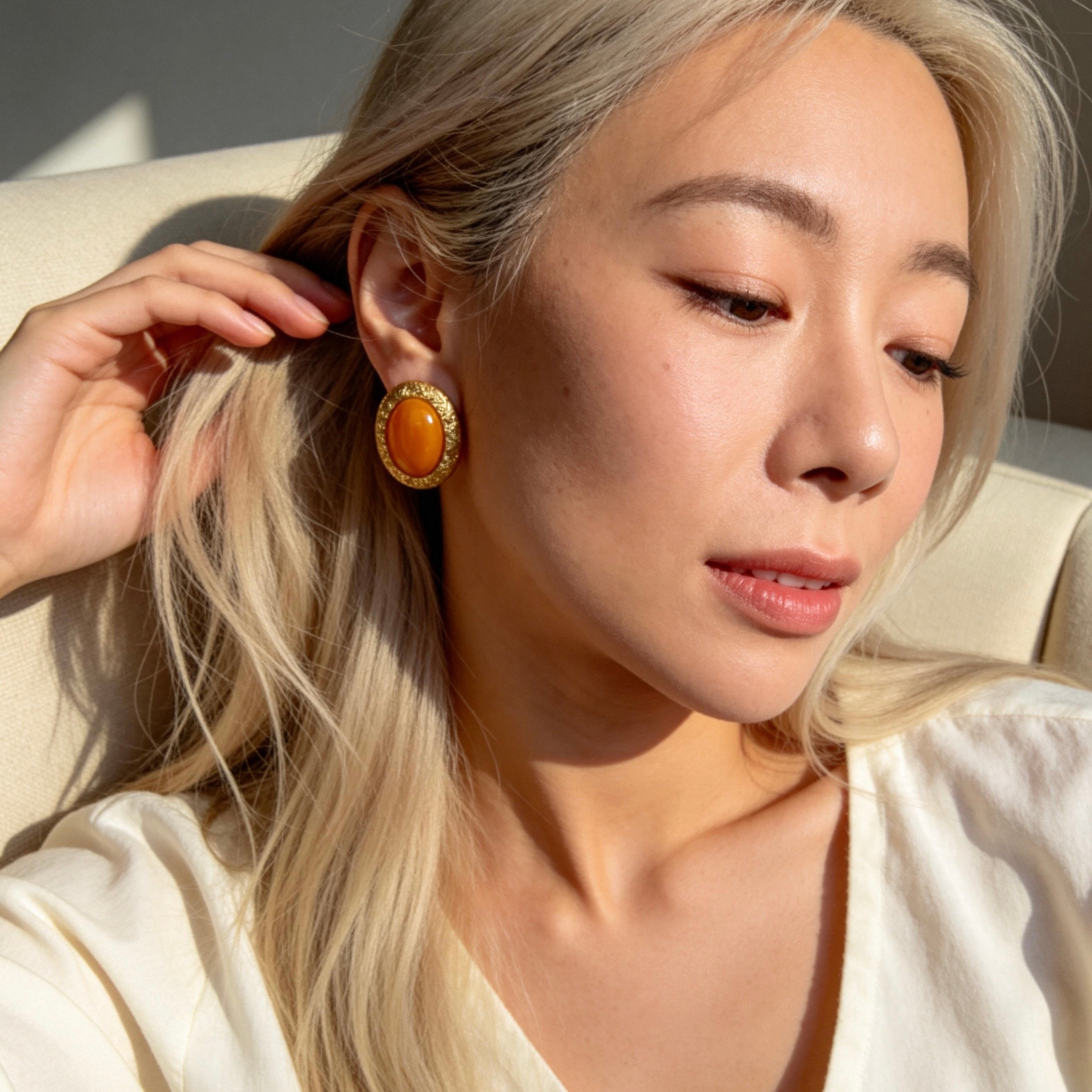 Vintage Orange Stone Oval Stud Earrings
