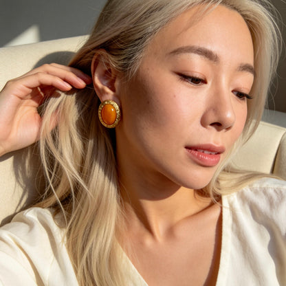 Vintage Orange Stone Oval Stud Earrings