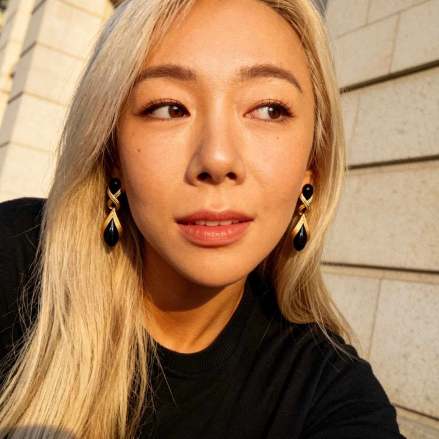 Black Onyx Teardrop Gold Drop Earrings