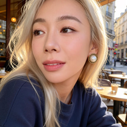 Gold Frame Pearl Stud Earrings
