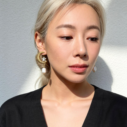 Vintage Moon Star Pearl Drop Earrings