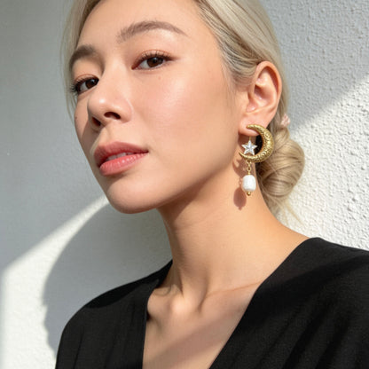 Vintage Moon Star Pearl Drop Earrings