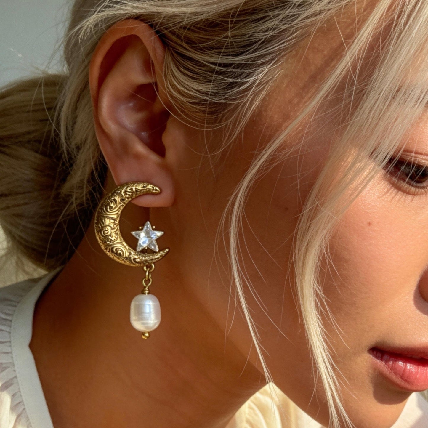 Vintage Moon Star Pearl Drop Earrings