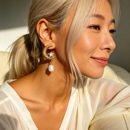 Vintage Moon Star Pearl Drop Earrings